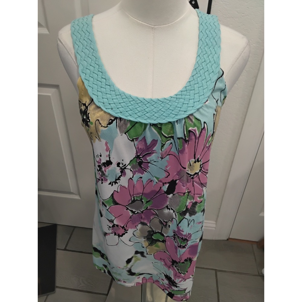 Joseph A‎ Floral Knit Sleeveless Top Teal Braided Neckline  Medium Pink Blue